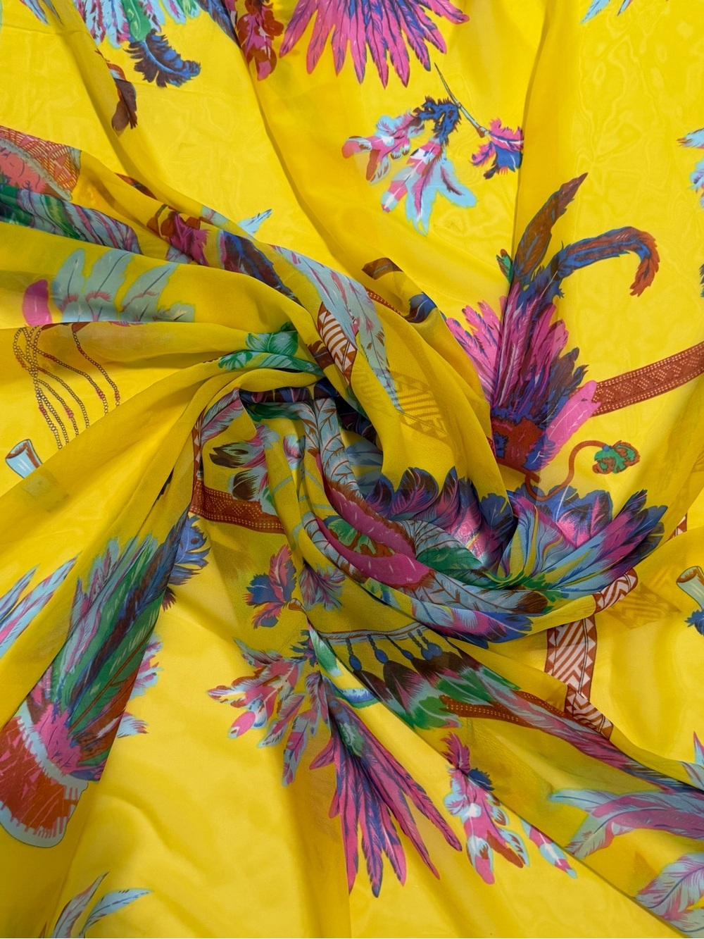 Vibrant Yellow Tropical Feather Print Chiffon Sneer Fabric